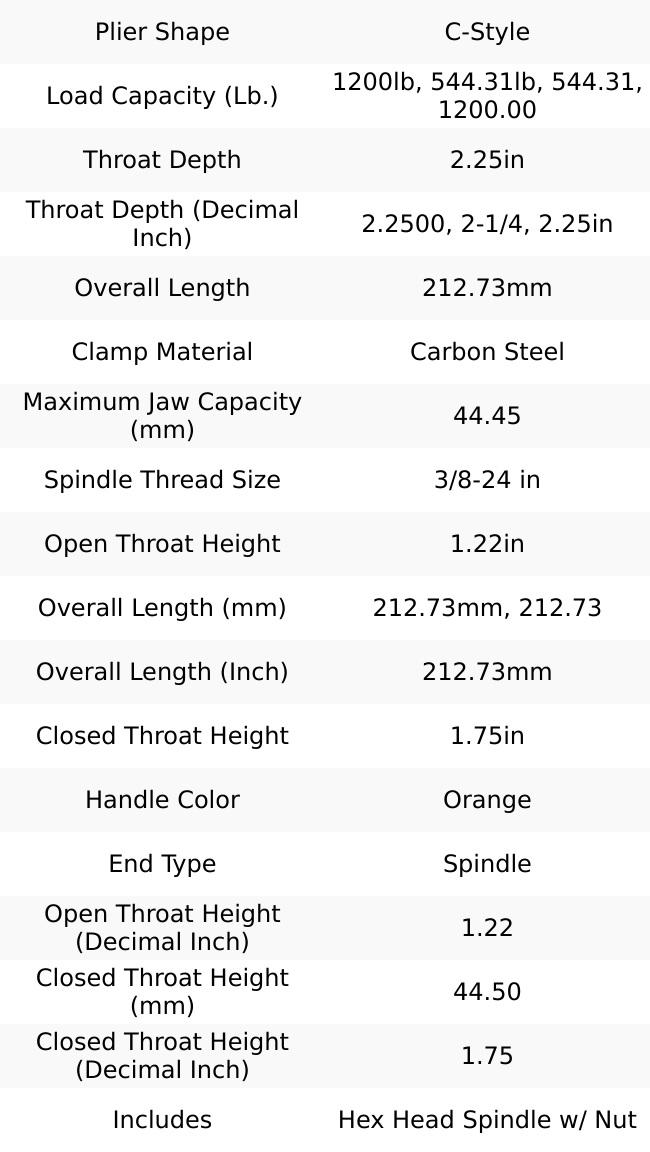 Knu-Vise 544.31 Kg Load Capacity, 2-1/4" Throat Depth, 8-3/8" OAL, Carbon Steel, C Style Plier Clamp 1-3/4" Max Jaw Capacity, 3/8-24 Spindle, 1.22" Open Throat Height, Orange Handle, Spindle End P-1200