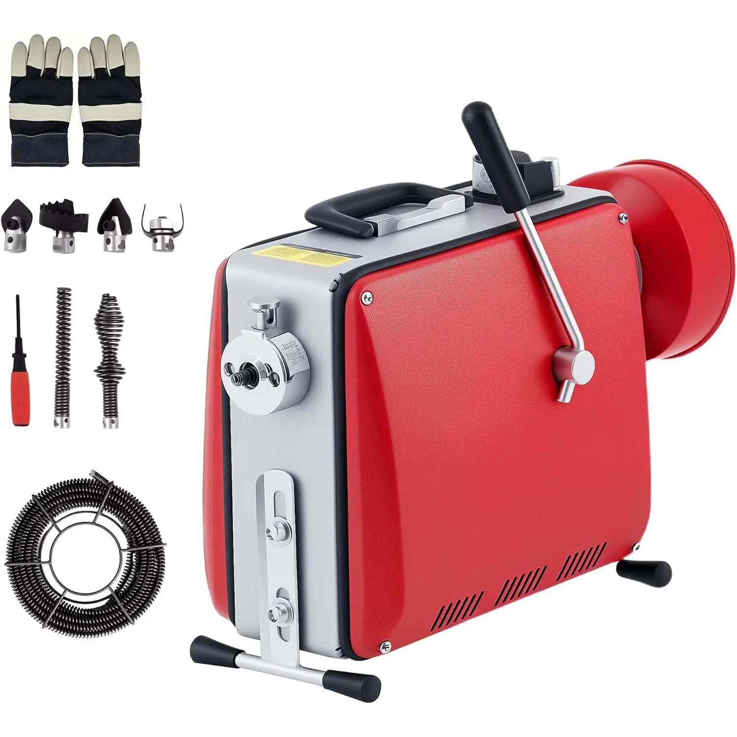 Heavy duty electric pipeline unclogger -66 foot x 5/8 inch and 16 foot x 3/8 inch steel cables -6 blade heads - Automatic power pipeline cleaning - Sewage spiral drill for 1-4 inch pipelines - Professional pipeline tools