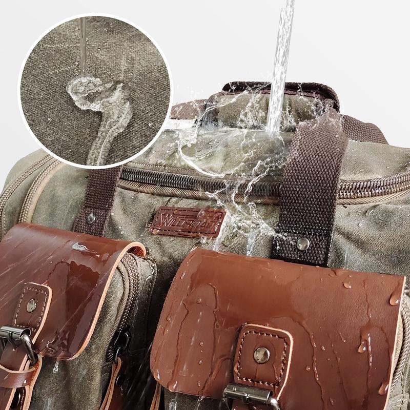 Wildroad Duffle Bag for Men Waterproof Waxed Canvas Genuine Leather Weekender Overnight Vintage Durable Bag With Pockets Travel Large Capacity Garment Spacious Convertible Sleepover Aesthetic Personalized Portable Gift Carry-On Lightweight trip essential