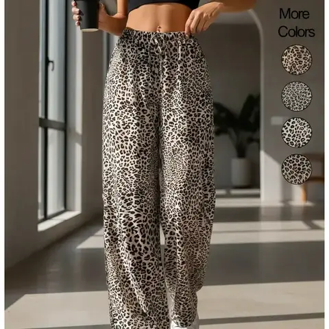 Women's Leopard Print Drawstring Waist Wide Leg Pants, Casual Palazzo Pants, Casual Comfy Trousers for Spring & Fall, Women's Bottoms for Daily Wear, Womenswear, Casual Fashion Bottoms, Casual Streetwear Trousers