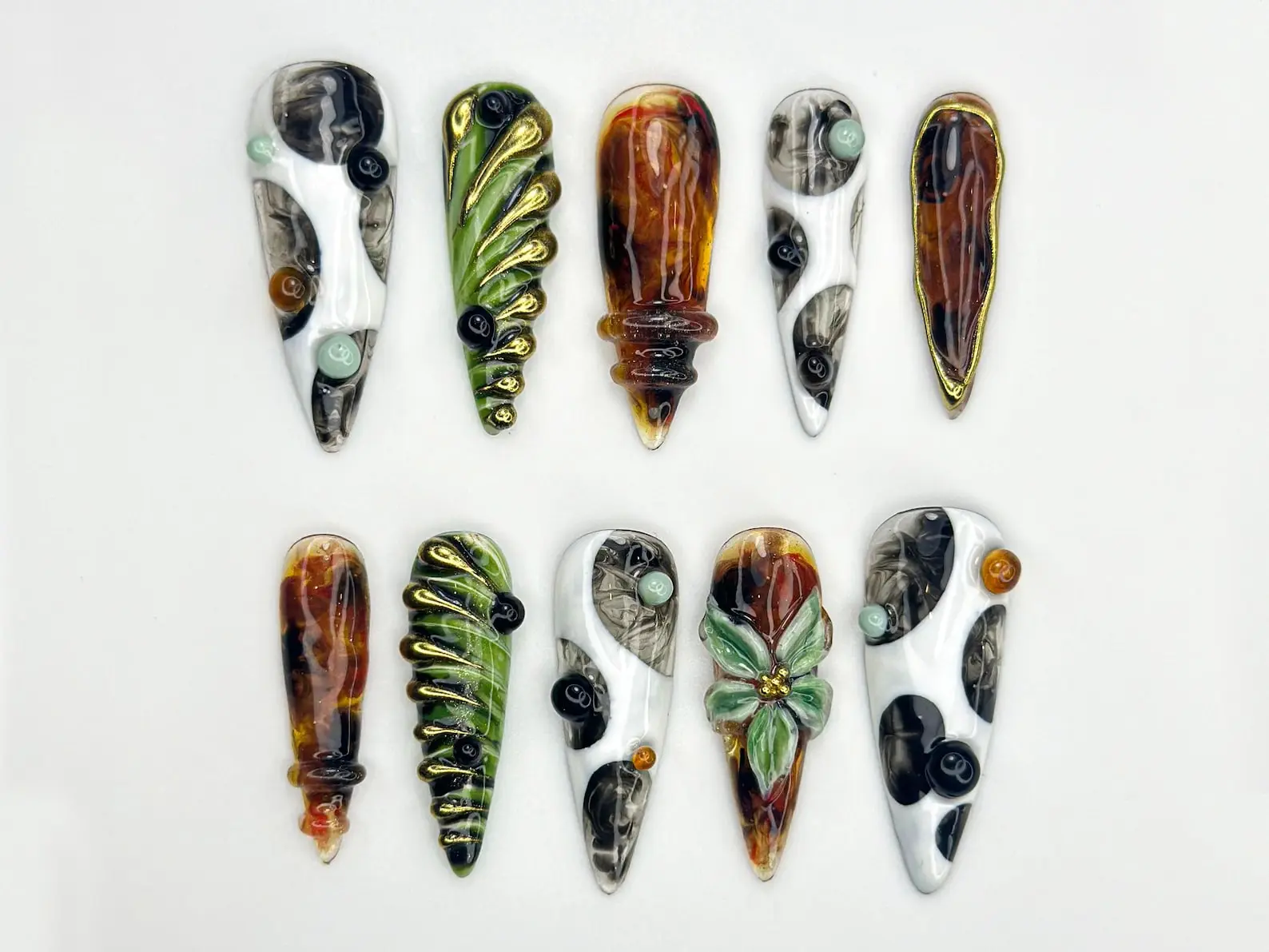 AngieNails – Artistic Marble Resin Press On Nails, 3D Earthy Swirl & Metallic Nature Nails, Handmade Unique Natural Nail Design – AN438