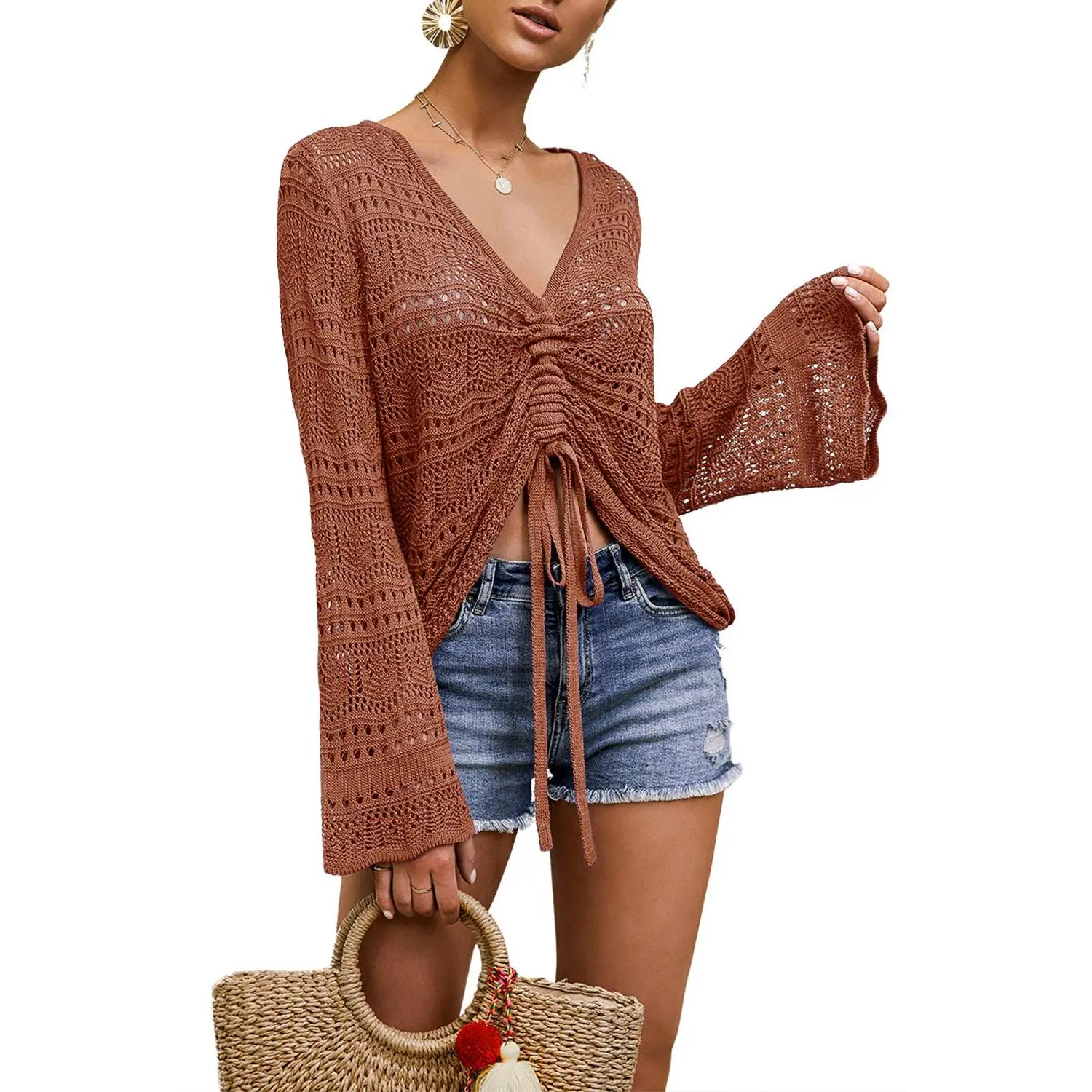 Women Crochet Top Beach Cloth Drawstring Long Shirt Cover Up Oversized Sexy Beachwear Lace Up Tee Poncho