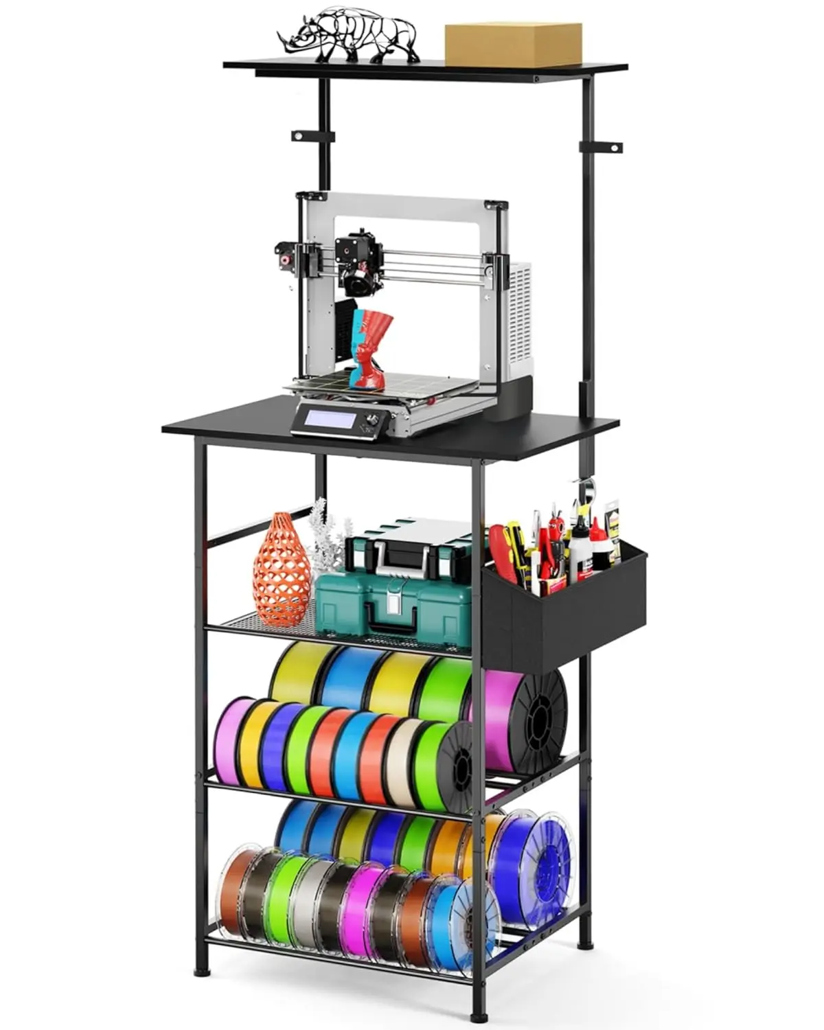 Industrial Heavy-Duty 5-Tier Rectangular 3D Printer Stand, Metal & Wood Storage Shelf with Filament Spool & Tool Holder, Side Bag, Wall-Fixed Desk for Home Office, 19.7x16.1x63.8 Inch Black
