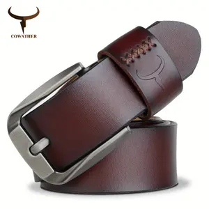 Genuine Leather Men's Vintage-Style Belt with Oval Pin Buckle - Coffee Brown