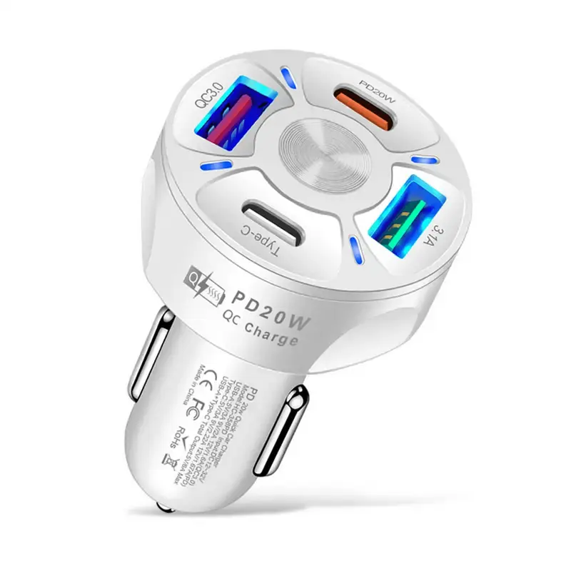 PD20W with 4 Port USB Fast Charging Adapter and LED Light for Cars Retractable Multi-Port Car Charger Multi-Port Fast Car Charger with Retractable Cable