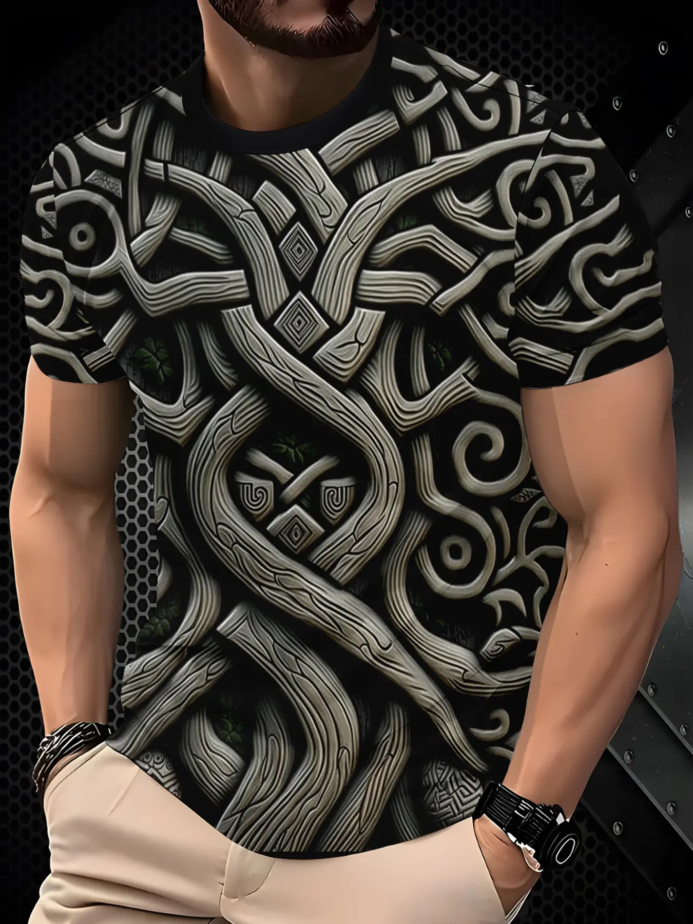 Vintage Celtic Print T-Shirt - Nordic Mysterious Style Short Sleeve Crew Neck Top with Celtic Knot & Rune Suitable for Themed Events, Casual Attire, Machine Washable Casual Shirt