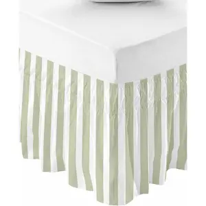 Sage Green Striped Bed Skirt Queen Size 16 Inch Drop, Farmhouse Elastic Bedskirt Dust Ruffle for Queen Bed, Sage Green White Stripes Wrap Around Bed Skirts Pleated Bed Frame Cover