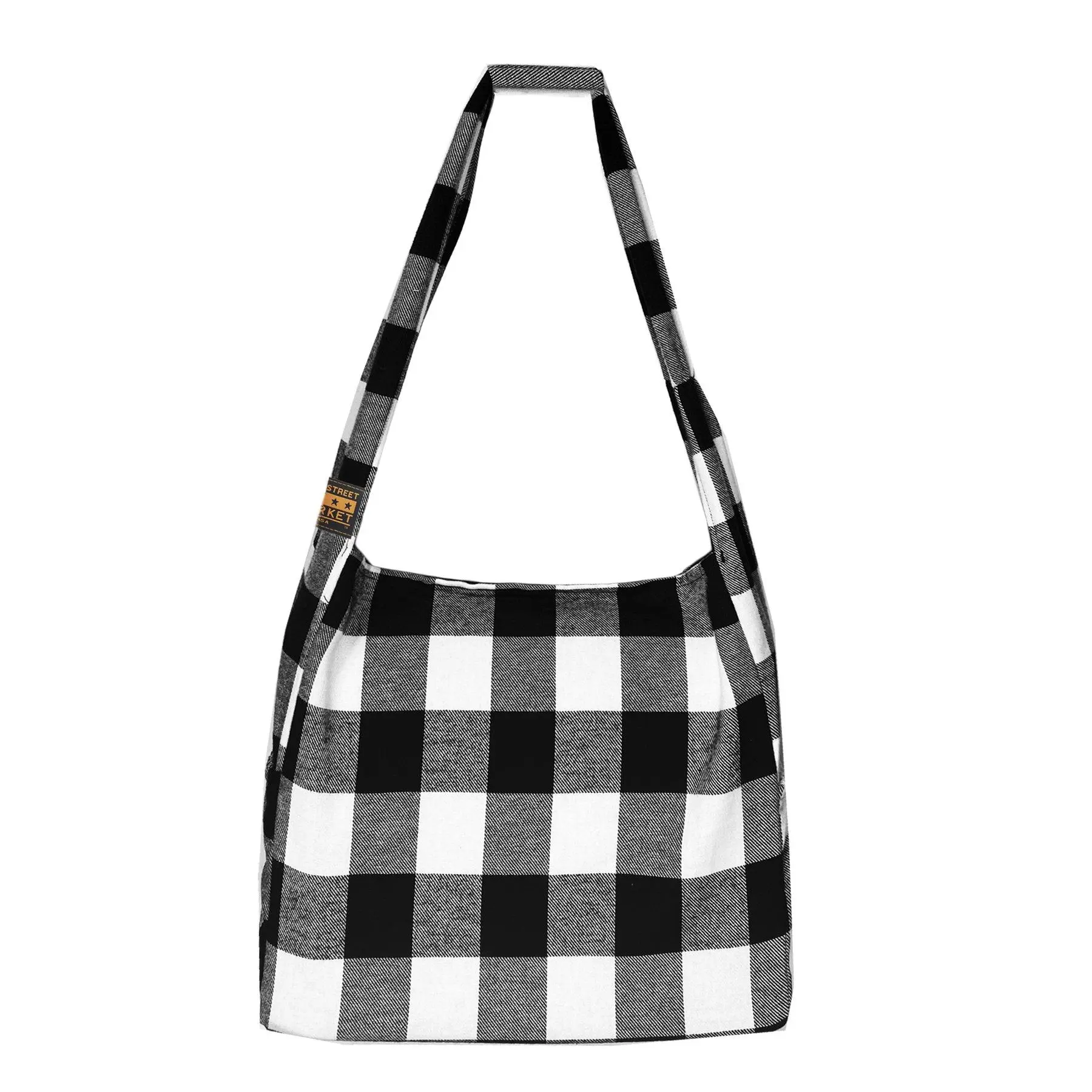 VINE STREET MARKET USA Black and White Check Large Flannel Tote with 2 Extra Side Pockets, Durable Plaid Construction, Holds Up to 60 Pounds