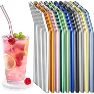 100 count  Glass Straws Bulk 8" x 8 mm Bent Curved Glass Straw with Cleaning Brushes Drinking Travel Straw Drinking for Smoothies Milkshakes  Juice  (Lively Color)