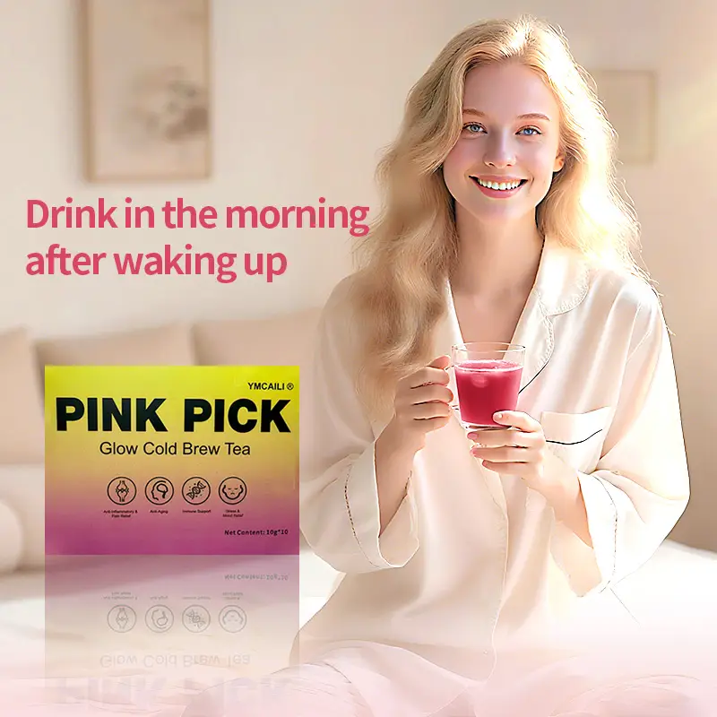 YMCAILI Pink Pick Glow Cold Brew Tea 10 Bags - Healthy Tea with Rose Cranberry & Roselle for Skin Beauty & Anti-Aging Effects - Nail Care Women's Heal