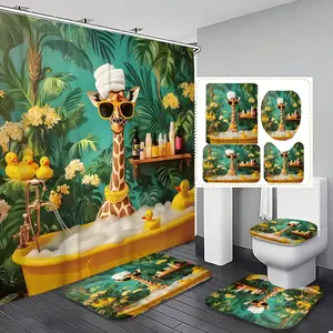 1/3/4PCS Jungle Giraffe Bathroom Set with 12 Hooks Includes Shower Curtain, Non-Slip Bath Mat, Contour Rug, and Round Toilet Cover Perfect for Home Decor and Gift Giving