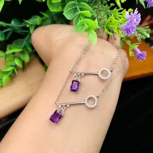 Lucky Stone Natural Faced Square Amethyst Clavicle Chain Cooperized Silver Key Necklace Unique Personality Special Interest Light Luxury Necklace Batch Natural Crystal Personalized Birthstones