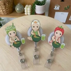 Cute Angel Baby Matcha Badge Reel - Kawaii Strawberry & Matcha Whisking Character Retractable ID Holder - Fun Acrylic Name Tag Clip Gift