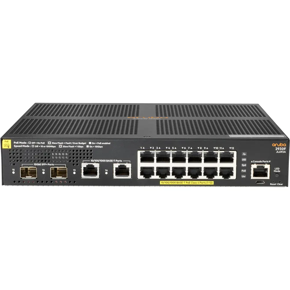 HPE Aruba Networking 2930F 12-Port PoE+ Compliant Gigabit Managed Network Switch with RJ45 & SFP Uplinks