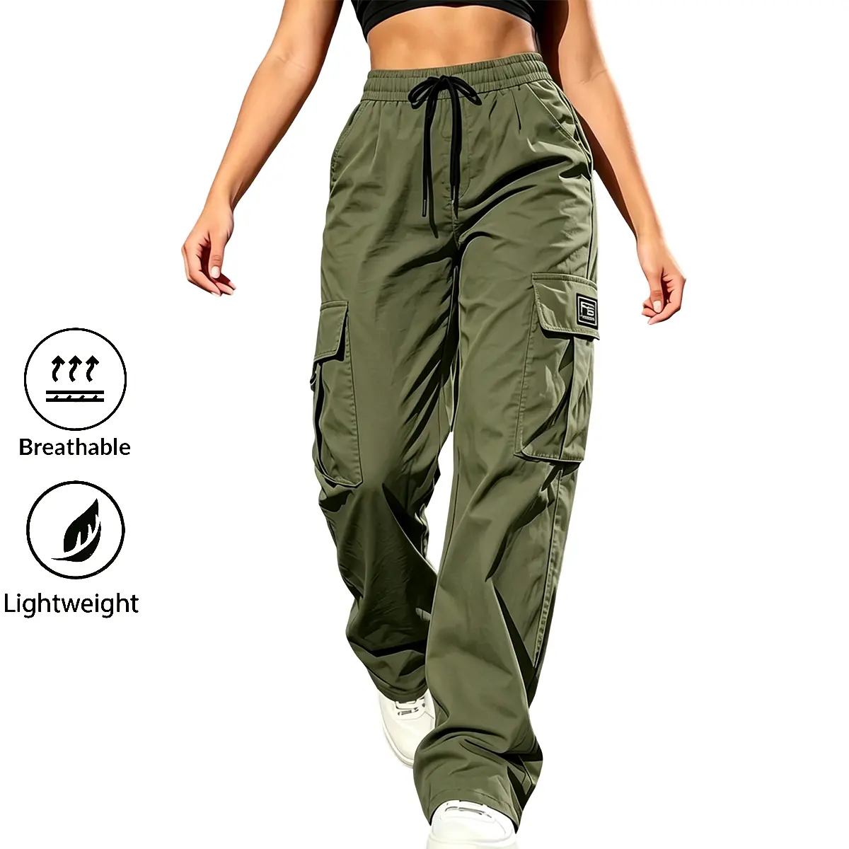 Women’s basic pants – polyester solid-color workwear, mid-rise loose straight-leg cargo pants with pockets, machine washable, suitable for commuting and travel