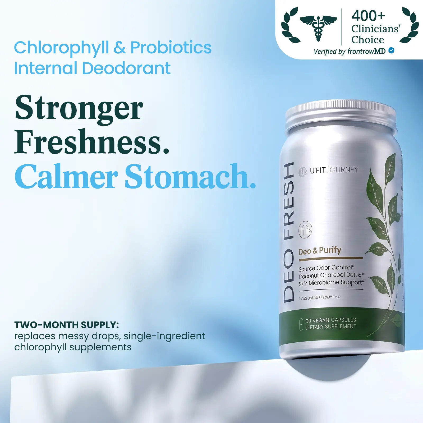 UFITJOURNEY DEO FRESH 6-in-1 Probiotics & Chlorophyll Body Deodorizing Supplement  | 2 Month Supply | Skin Probiotics & Chlorophyll & Zinc & Coconut Charcoal | Detox & Digestion & Skin Health Support | 60 Vegan Capsules