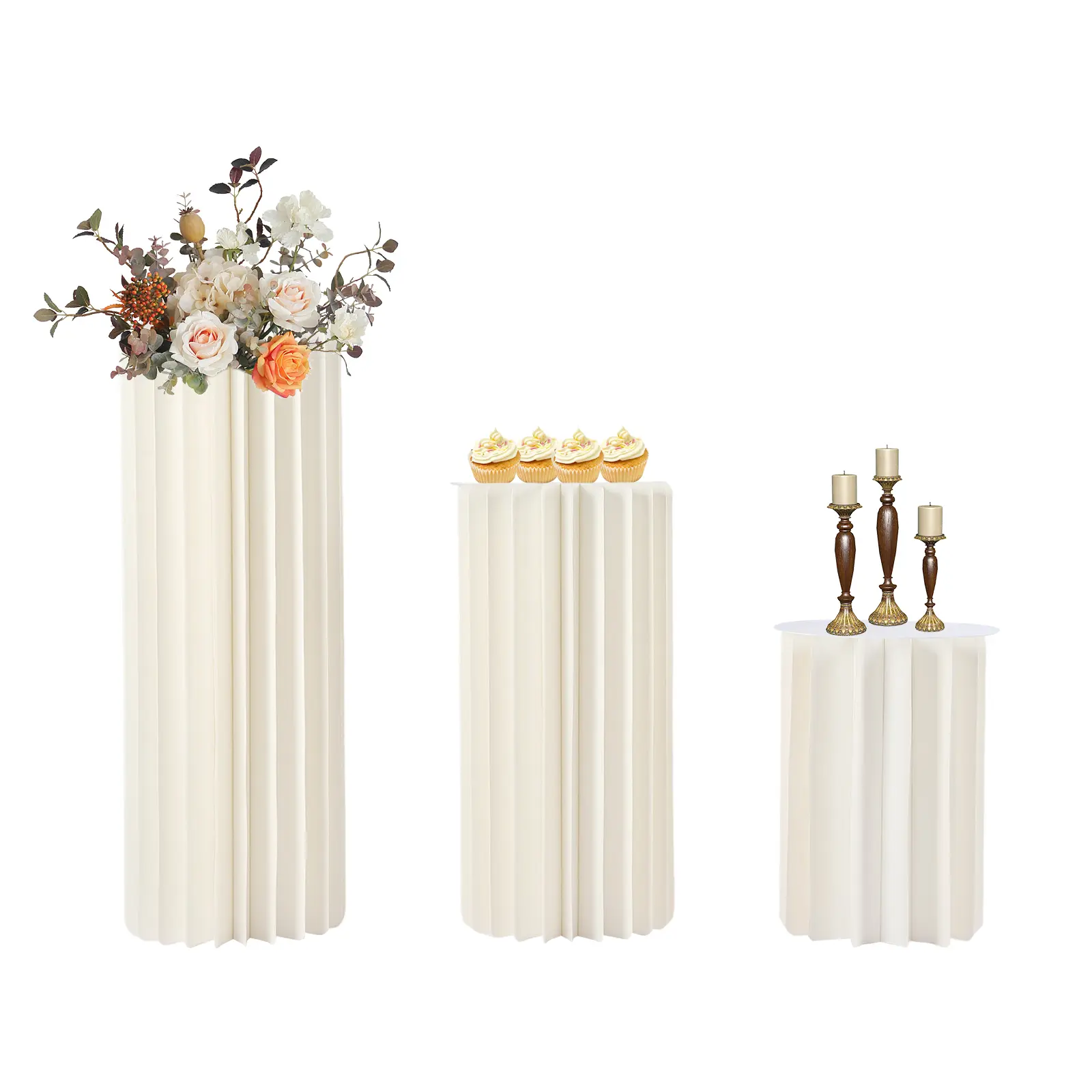 CNCEST Honeycomb Cardboard Vases Wedding Centerpieces - 3-Piece Bulk Set, Milky White Cylinder Stands with 30cm PVC Plates, Durable Reusable Backdrop Decor for Party Tables, Honey Comb
