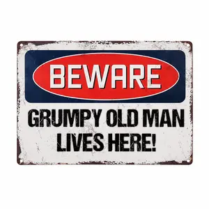 Beware Grumpy Old Man Lives Here Metal Sign8x12incs Funny Wall Decor Vintage Tin Plaque Man Cave Decor Gift for Dad Grandpa Husband office Bedroom House Decor