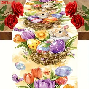 Colorful Flower and Basket Rabbit Pattern Tablecloth  Flat Dining Tablecloth Rectangular Table Runner Suitable for Easter Wedding Thanksgiving Engagement Banquet and Other Party Events
