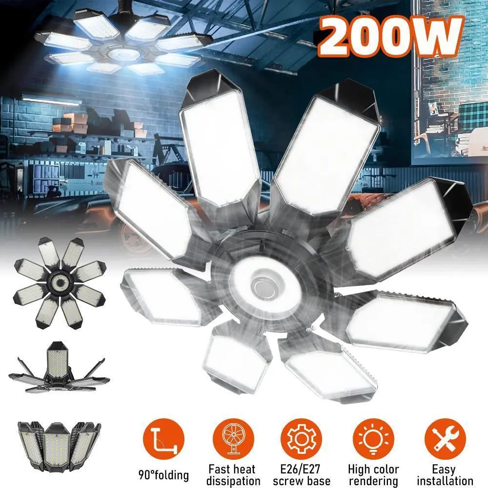 【BackToSchool】 200W LED Garage Light, Deformable Ceiling Light with 8+1 Panels, 6500K, E26/E27 Screw-in Bulb, for Workshop, Storage, Warehouse, Attic
