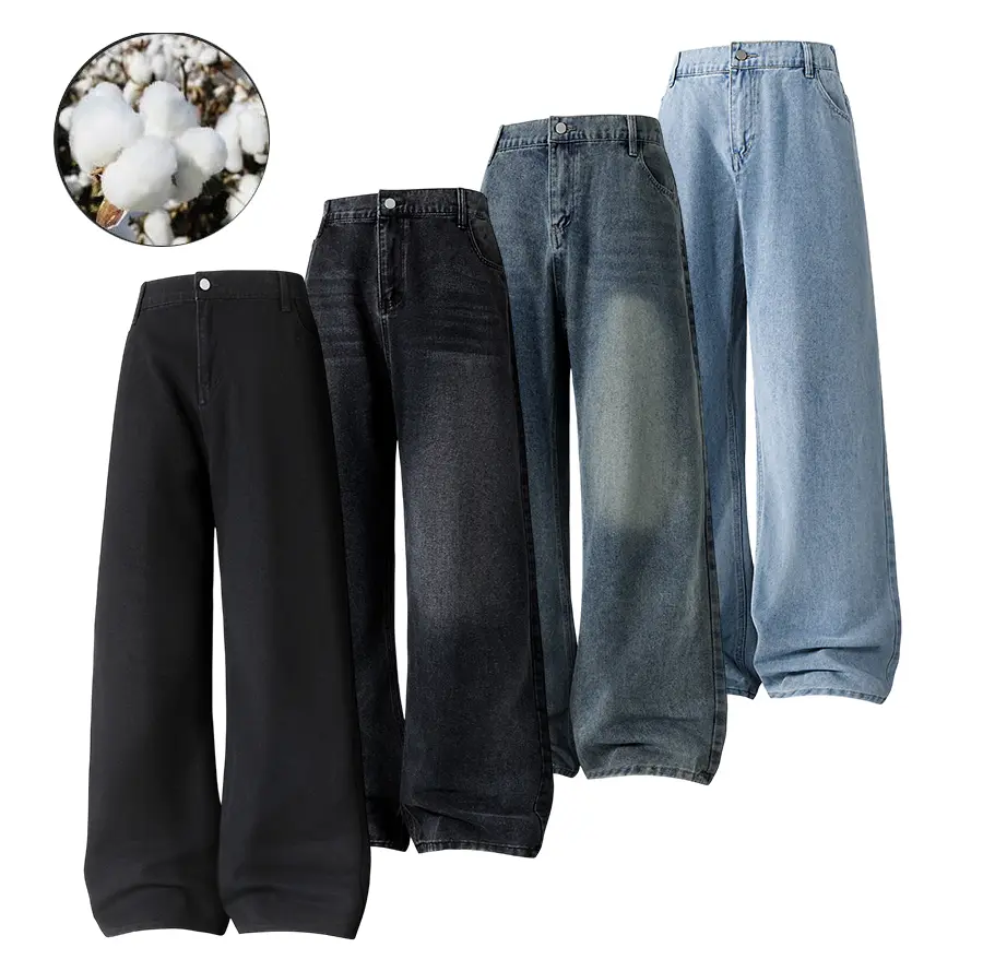 Men’s summer retro wide-leg jeans made from lightweight jacquard fabric—breathable and skin-friendly, with a half elastic waistband; loose fit that conceals bulges and creates a slimmer look. Available in multiple colors; suitable for commuting, casual we