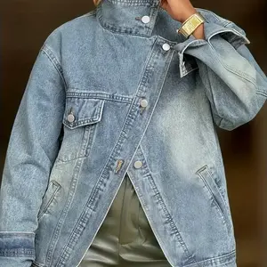 Women's Vintage Washed High Neck Asymmetric Button Loose Denim Jacket Street Style Trendy Versatile Top for Spring Autumn Winter Seasons Coats