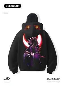 Demon Slayer Death Moon Print Loose Hooded Sweatshirt, Casual Breathable Pocket Design, Unisex Fashion for Outdoor Sports