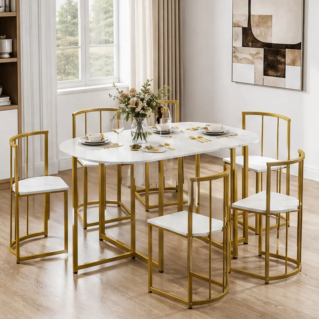 Modern 7-Piece Sturdy Dining Table Set for 6 Adults, 53.5In Compact Faux Marble Top Kitchen Table, Metal-Iron Frame, Golden+White Indoor Furniture, 6 Chairs (15" L x 15" W x 28.3" H), 200 Lbs Table/330 Lbs Chairs Capacity, Space-Saving Design, Contemporar