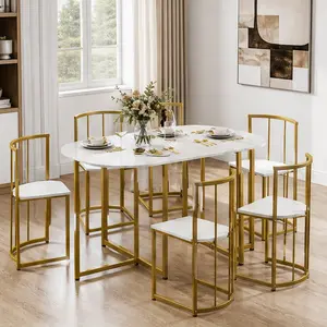 Modern 7-Piece Sturdy Dining Table Set for 6 Adults, 53.5In Compact Faux Marble Top Kitchen Table, Metal-Iron Frame, Golden+White Indoor Furniture, 6 Chairs (15" L x 15" W x 28.3" H), 200 Lbs Table/330 Lbs Chairs Capacity, Space-Saving Design