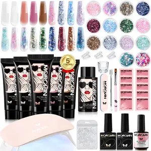 Morovan Poly Gel Nail Kit: with 5 Colors and UV Lamp Poly Gel Starter Kit With Slip Solution Base Coat and Top Coat Nail Extension Gel