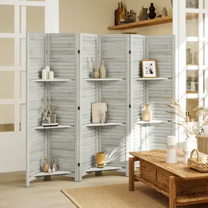 Freestanding louvered wood privacy screen 6 panel foldable design with elevated feet for bedroom space separation