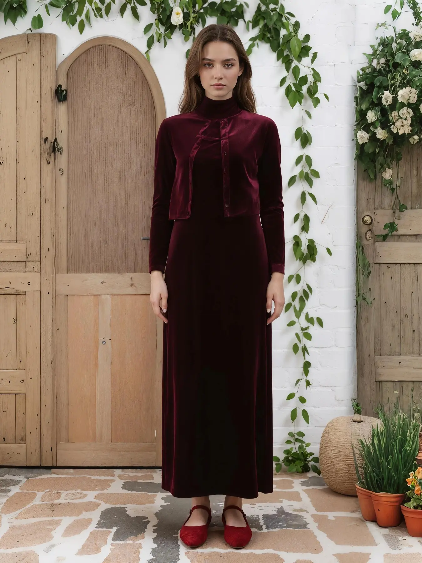 Elegant Women's Flannel Dress Set, Round Neck Long Sleeve Top & Floor-Length Cami Dress, Perfect for Various Occasions