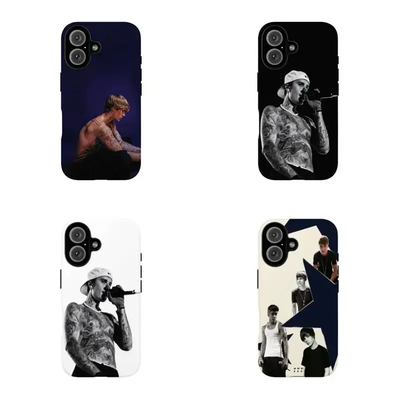 Bieber-themed phone case with a rock concert design, compatible with iPhone 12, 13, 14, 15, 16, and 17. Trendy, drop-proof, glossy hard case