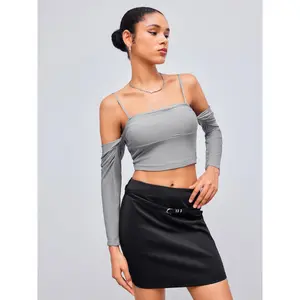 Cider [size 2-10] Woven Off-shoulder Solid Ruched Long Sleeve Top