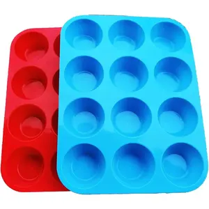 JEWOSTER Non-Sticky Silicone Muffin Pan for Cupcakes—Baking Accessory—12 X Muffin Molders (12-Red+Blue)