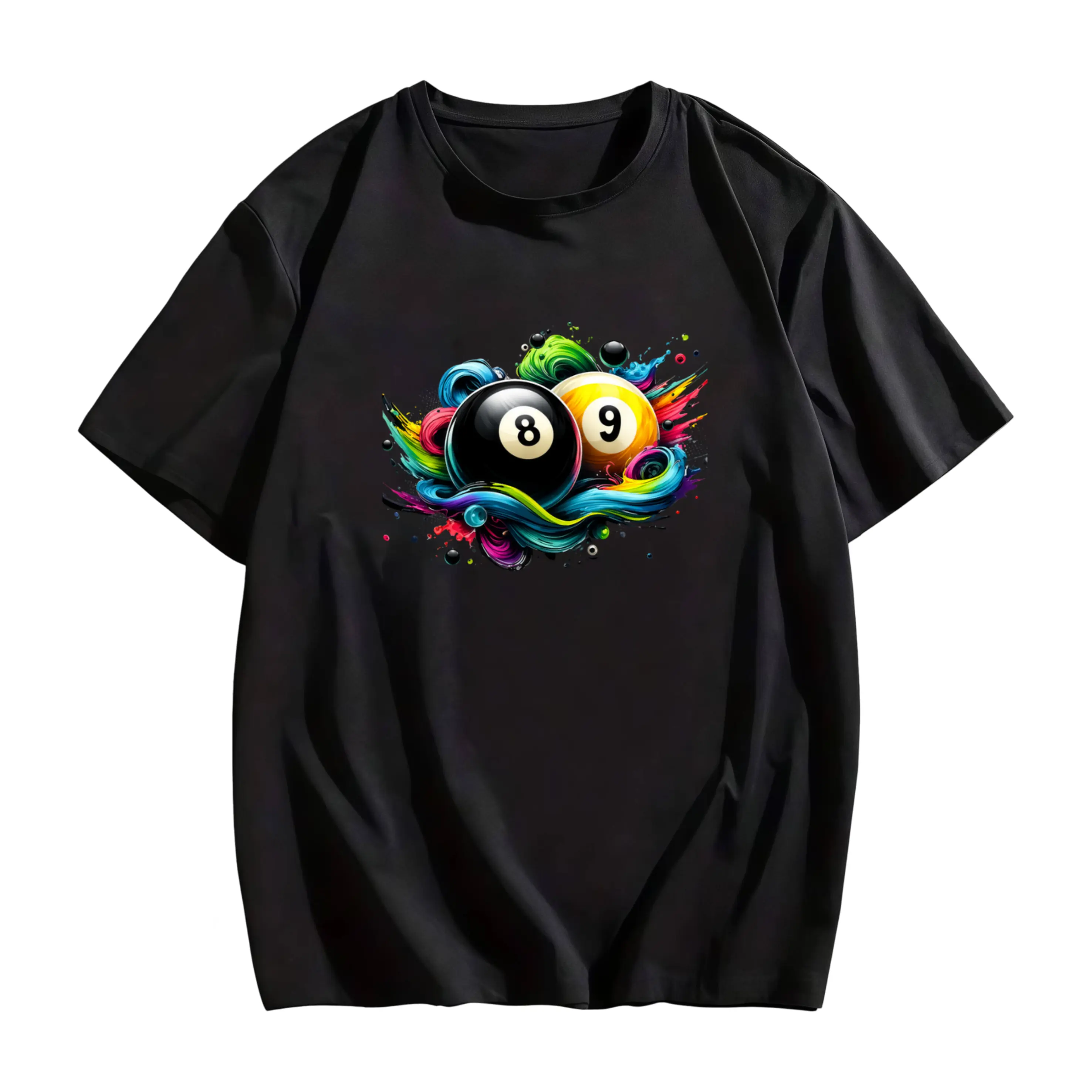 Unisex 8-Ball & 9-Ball Graffiti Art T-Shirt. This black, vintage Harajuku-style tee features an 8-ball and 9-ball design. Suitable for all seasons, it is perfect for pool parties and casual wear. A casual, short-sleeved T-shirt