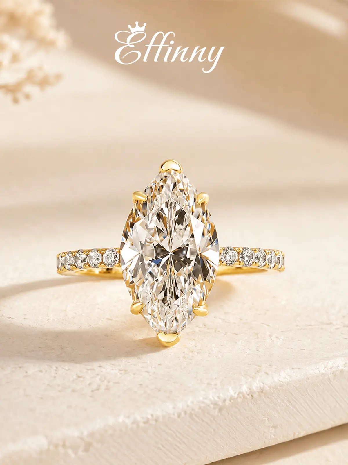 EffInny 14K Gold Plated 3.5ct Marquise Cut Tarnish-resistant Engagement Ring With Half Pavé Band, 5A CZ Fashion Women‘s Travel-friendly Bridals Jewelry for Party, Daily Wear