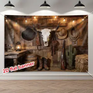 Western Cowboy Style 2D Flat Banner Background, Includes Cow Skull, Hat, Boots, Rope, Cactus, Haystacks, Vintage Farmhouse Decor, Party Decoration Supplies, Decorative Banner