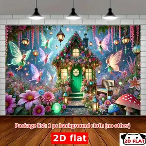2D Flat Banner 1pc, Enchanted Fairy Tale Cottage Party Banner -   Backdrop Vibrant Flowers & Butterfly Design, No Electricity Needed Indoor/Outdoor Celebrations, Photo Booths, Home, Garden, Studio Decor, Fairy