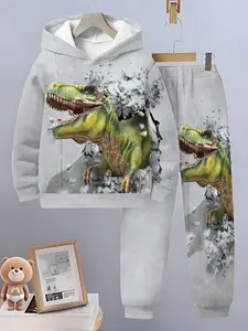 Boys' Casual Two-Piece Set, Fitted Hoodie & Long Pants, All-Season Wear, Random Print Design, Perfect for Daily