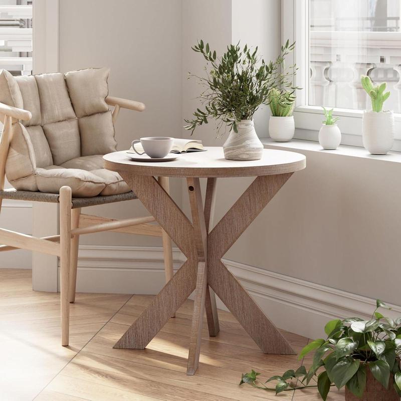 COZAYH Farmhouse Round Wooden End Table with Cross Legs, Vintage Grey Finish