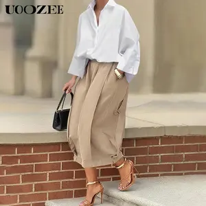 UOOZEE Women's Loose Solid Color Capri-Pants Cropped Trousers Bottom, 100% Cotton Summer Comfortable Soft Breathable Fabric, Daily Versatile Elastic Waistband Lantern Pants with Pockets Casual Clothes