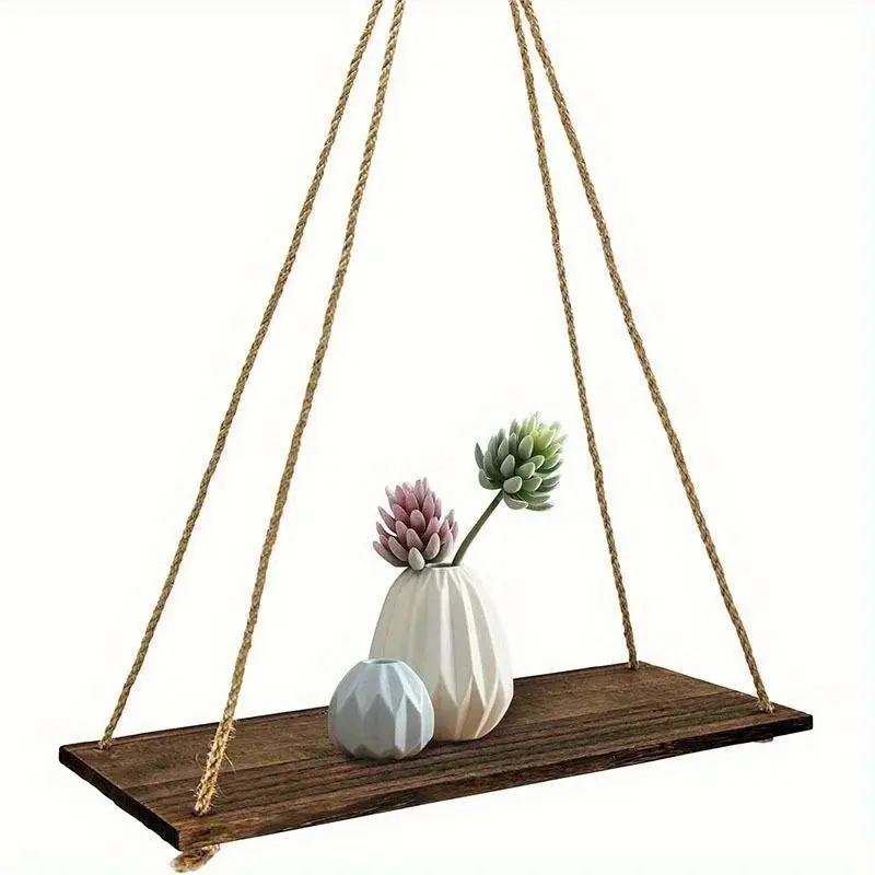 Wooden Wall Mounted Hanging Rope Shelf, 1 Count Flower Pot Storage Rack, Wall Hanging Ornament for Home Living Room Bedroom Vintage Home Decor Decoration, Room Accessories, Decorating