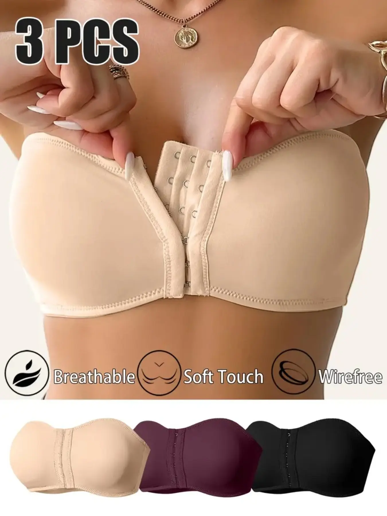 3-Pack Women's Full-Coverage Strapless Solid Wireless Bralette, Medium Soft Casual Everyday Underwear Bras with Removable Pads, Breathable &, Wirefree Bra, No Underwire, Ideal for Yoga & Daily Wear