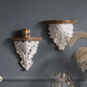 American-Style Romantic Wall-Mounted Storage Rack, Vintage Relief Flower Shelf, Carved Wooden Decorative Shelf, Succulent Display Rack