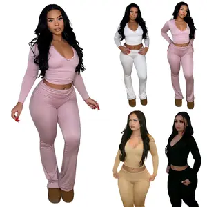 Women 2 Piece Lounge Set Contrast Lace V Neck Long Sleeve Crop Top Fold Over Flare Yoga Pants Tracksuit Casual Outfits