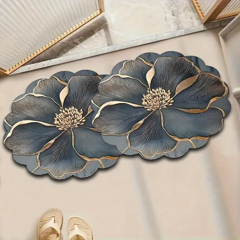 VIKAMA Grey Toned Floral Patterned Silica Mud Doormat Non Slip Absorbent Mat Suitable For Kitchens And Bathrooms Home Decor