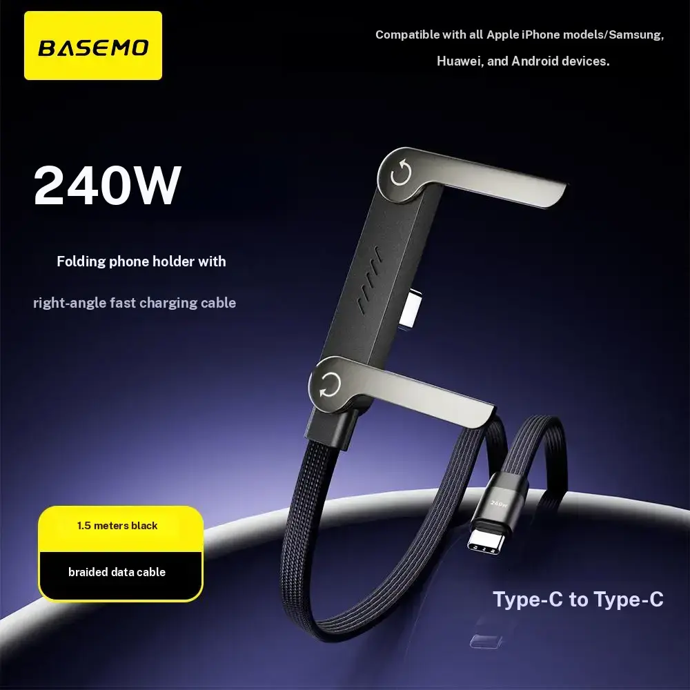 Basemo 240W Super Fast Charging Cable with Stand for iPhone Samsung Type C Devices Black 2 in 1 Cord & Phone Holder for Gaming Office Car Travel Cellphone Charger