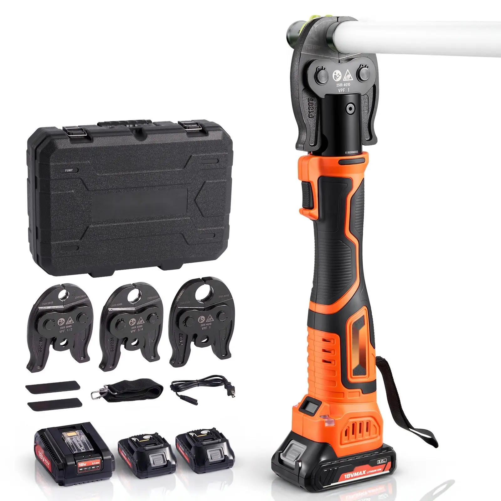 PureFlow 18V Electric PEX Pipe Crimping Tool Kit With 1/2 In, 3/4 In, 1 In Stainless Steel Rings — PEX Press Tool Set Includes 3 VPF Jaws, 2x 2Ah Batteries, Fast Charger, Carrying Case, For Home Plumbing And Professional Use