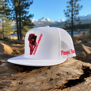 Always Pimpin' Playing Cards Skeleton Hand Trucker Hat – White Mesh Snapback Flat Bill Cap – Poker Card Embroidered Outdoor Baseball Hat for Men & Women